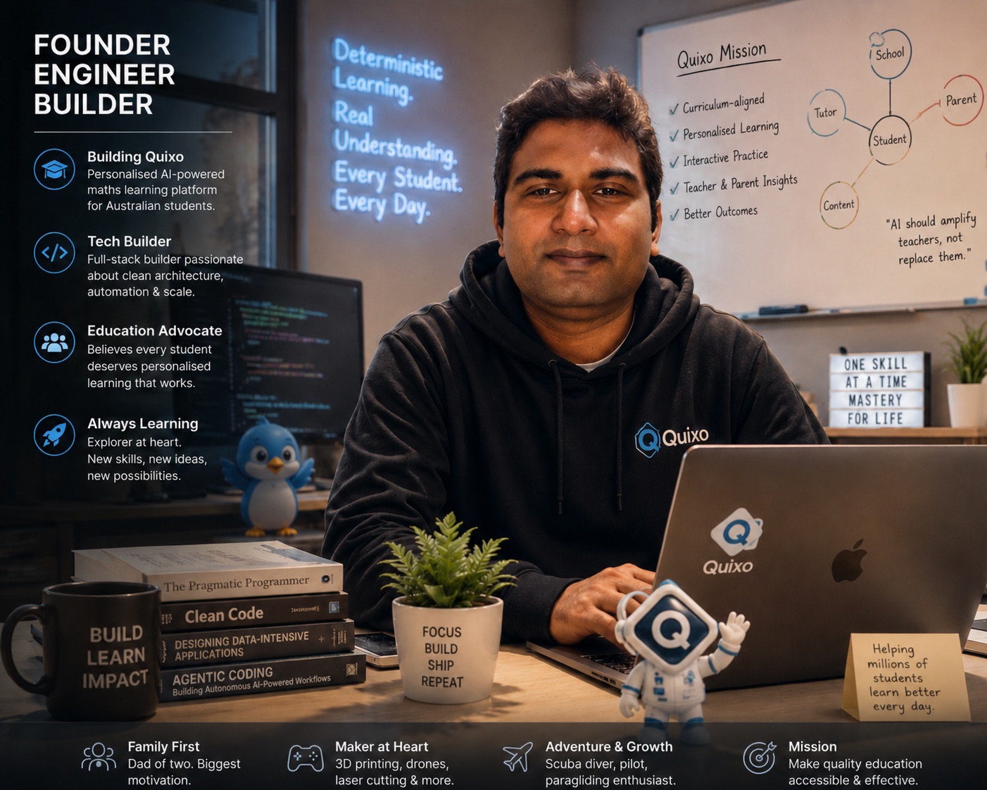 Santhosh Kumar at his desk - founder, engineer and builder - working on Quixo, a personalised AI-powered maths learning platform for Australian students